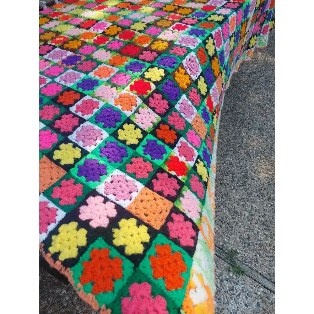 VTG Large Handmade Crochet Afghan Granny Square Blanket Hand Sewn Made Dopamine